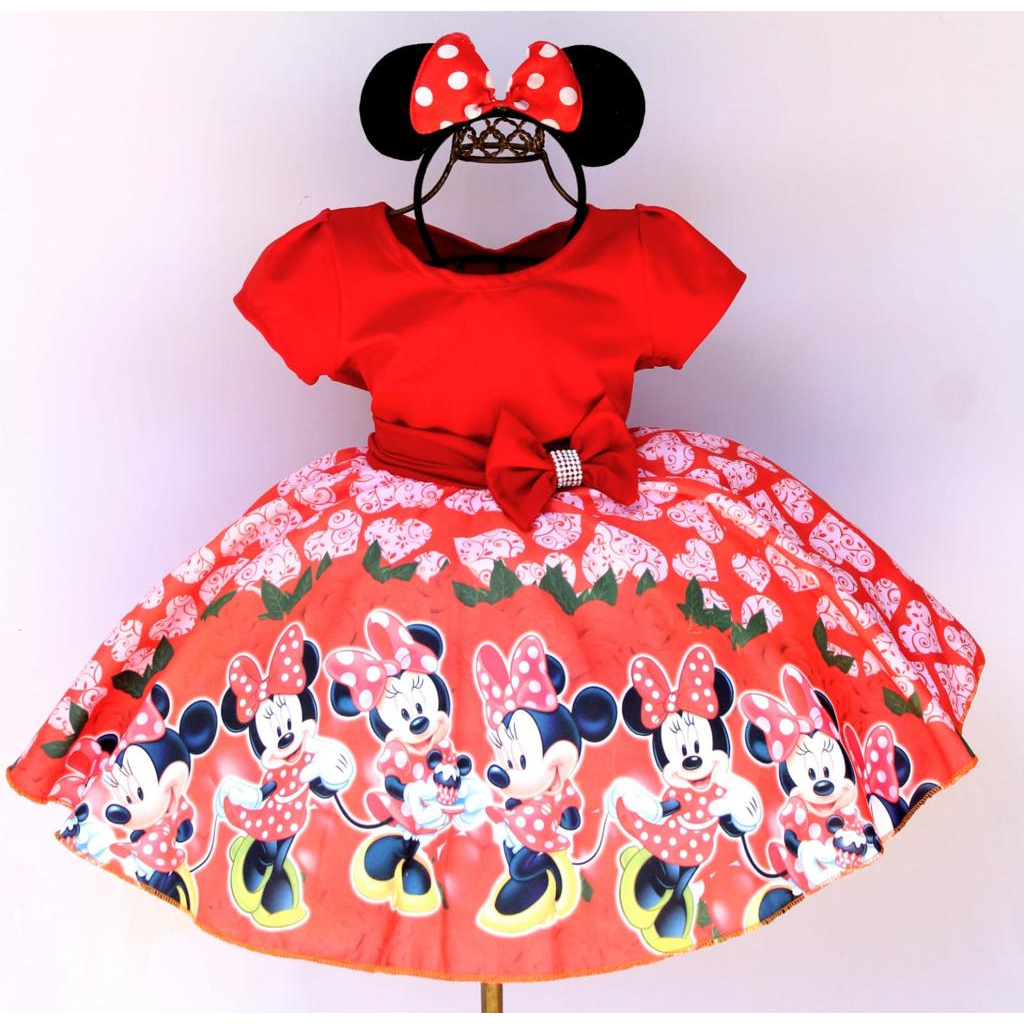 Vestido Infantil Minnie Vermelha Rosa Sereia Princesas Festa Luxo Com tiara Super Luxinho