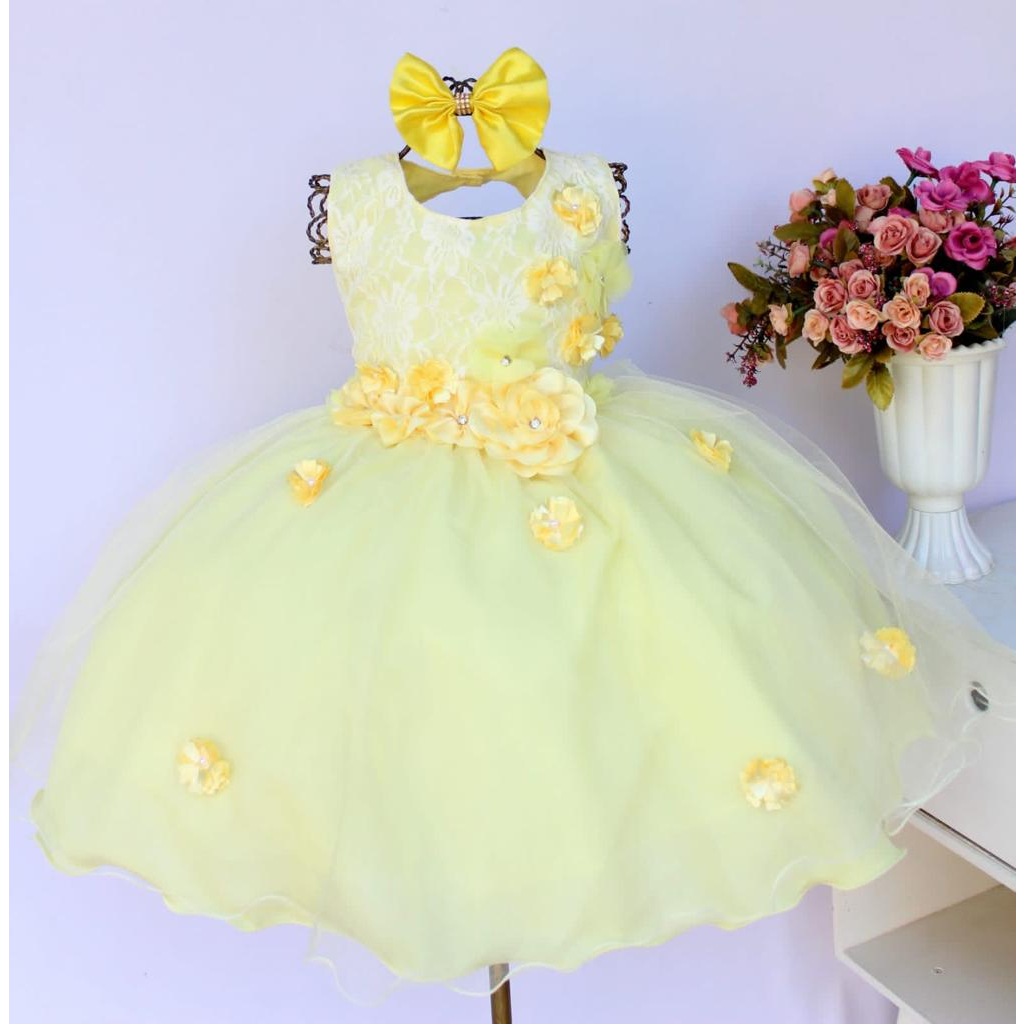 Vestido Infantil Festa Luxo Bela Minnions Abelinha Jardim Encantado Flores Com Tiara