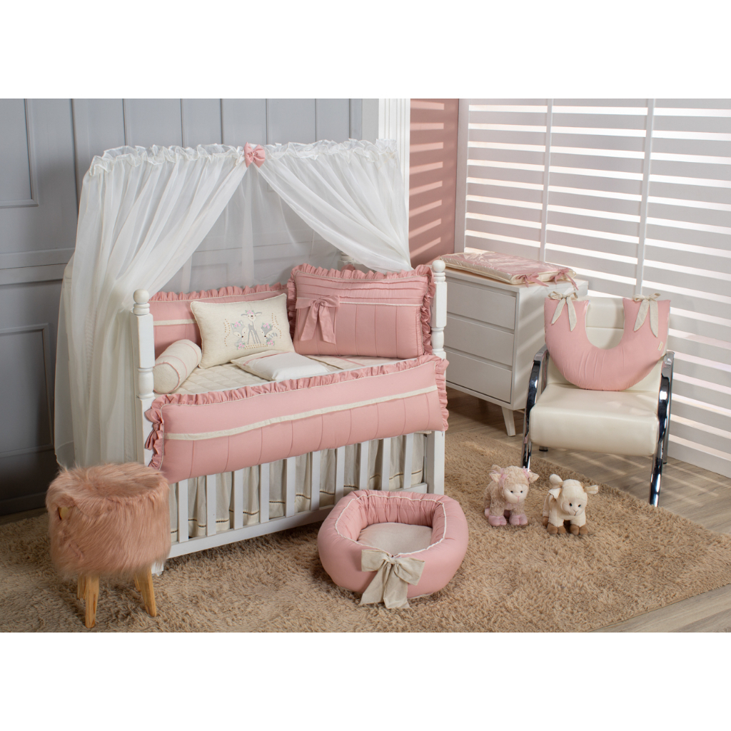Kit Berço Americano Menina Luna Rose Blusch com Linho 11 Peças Algodão