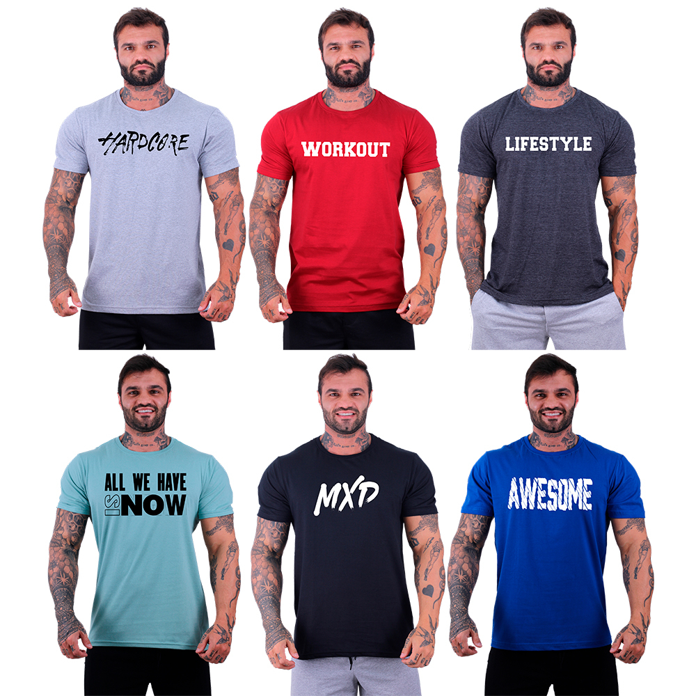 Kit 6 Unidades Camiseta Masculina Tradicional MXD Conceito Com Estampas Academia Treino Músculos