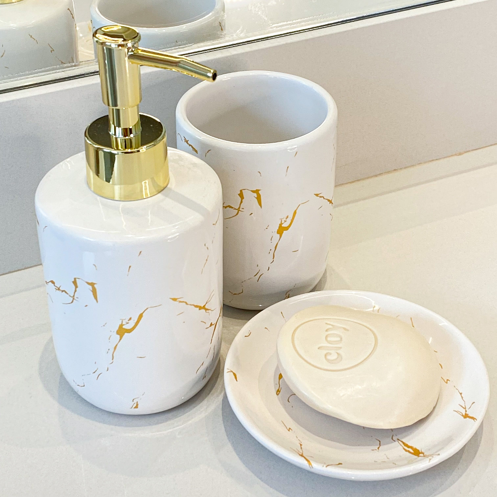 Kit Banheiro Lavabo, Dispenser Porta Sabonete Liquido, Porta escova de Dente com bandeja 3...