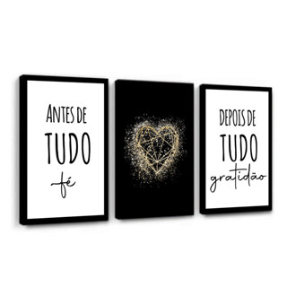 Quadros Decorativo Kit 3 Peças Mosaico Antes de Tudo Fé Depois de Tudo Gratidão Preto e Branco Frase Religioso Motivacional Decoração Quarto Sala 13x19 20x30