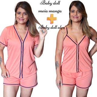 Pijama Baby Doll Amamentação Kit com 2 Unidades (1 Alcinha + 1 Meia Manga) de Malha com Botões Cirurgico Blogueirinha