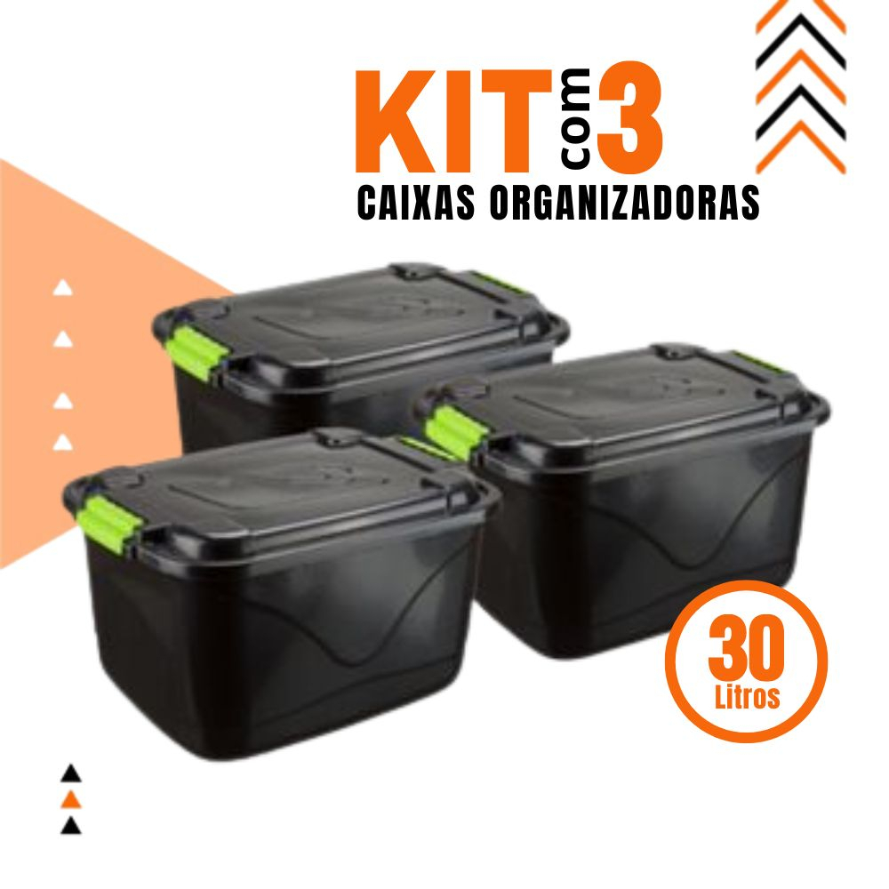 Kit 3 Caixas Organizadora C/ Tampa e Trava 30L Cestos Organizadora  Grande para Brinquedos e Multius