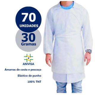Avental Descartável Branco manga longa TNT GRAMATURA 30 - KIT 70 UNIDADES