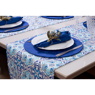 Decoração Mesa Posta Trilho de Mesa Azulejo Azul Jacquard 1,60