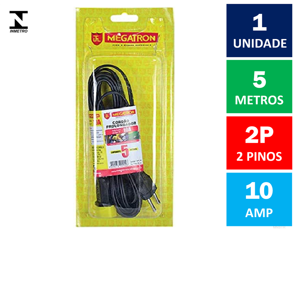 Extensão Elétrica 2 Pinos 10A 5 Metros Preto Megatron ( Cordão Prolongador Tomada Simples 2P 10 Ampères )