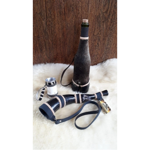 Kit Garrafa Pé De Boi + Copo Pé De Bezerro + Berrante Chifre De Boi Artesanais Cavalgada Peão Luxo