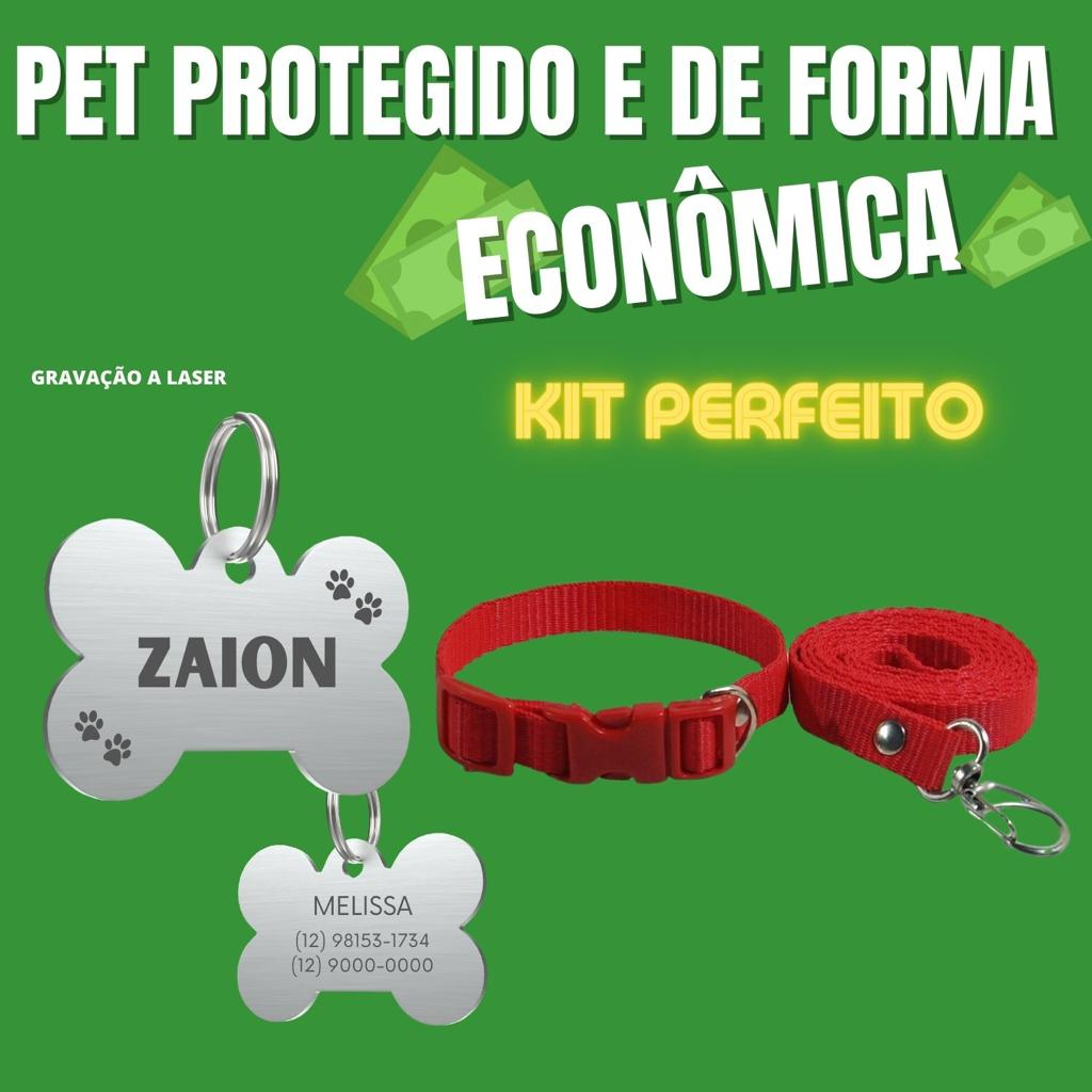 Coleira para cachorro PET NOME GRAVADO + Guia + Plaquinha de Identificação