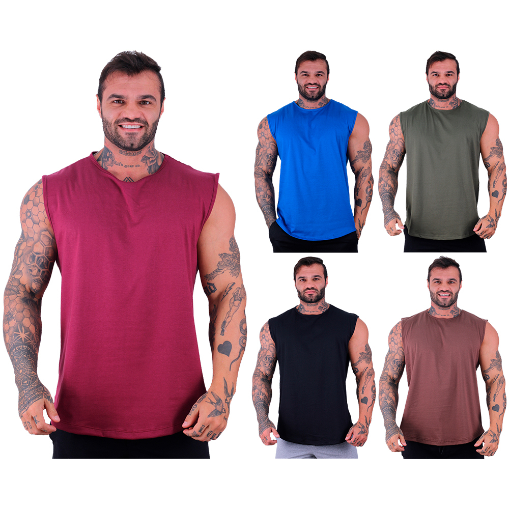 Kit 5 Regata Machão Longline MXD Conceito Sem Estampa Fitness Casual Treino Musculação Preto Azul