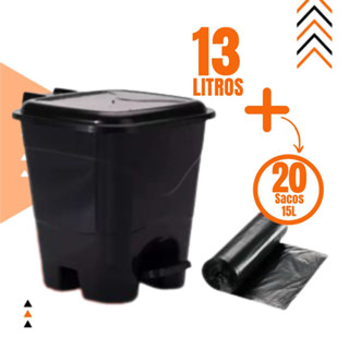 Lixeira Cesto Lixo Plástico Preto 13L Pedal Cozinha Banheiro Escritório e Saco de Lixo