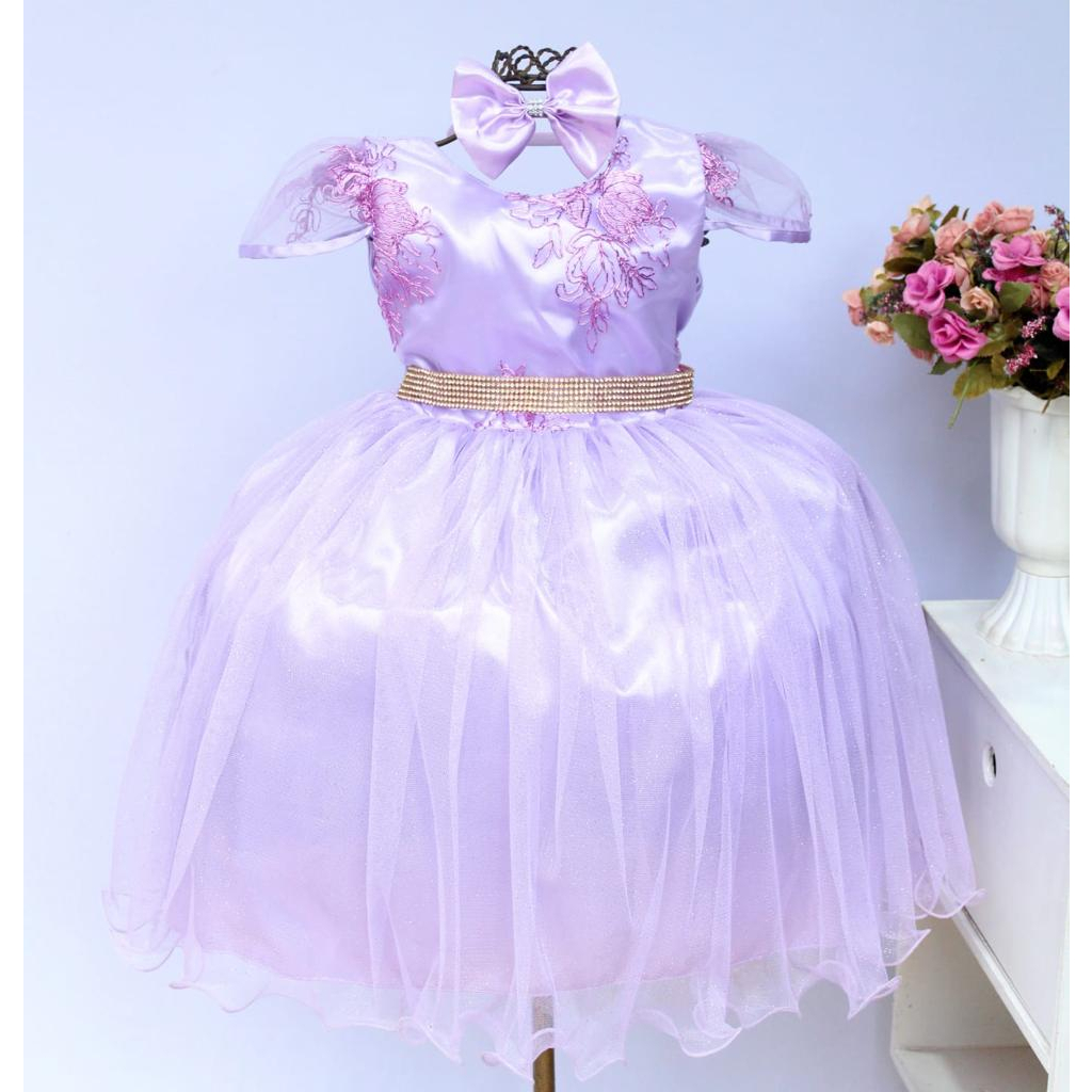 Vestido Festa Juvenil Luxo Casamento Formatura Debutante Lilas Sofia Rapunzel Princesa Com Tiara.