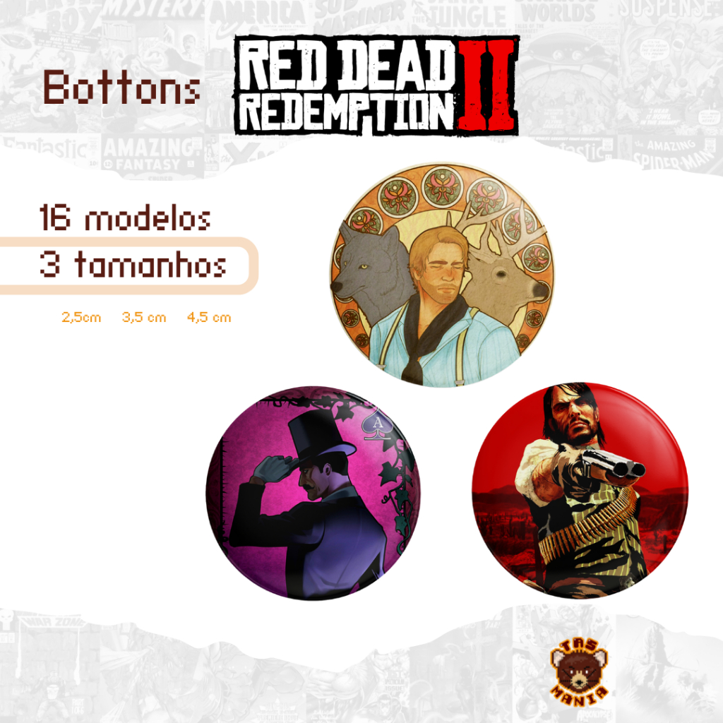 Bottons Red Dead Redemption 2 - game playstation sony rockstar - tamanhos 2,5 cm, 3,5 cm e 4,5 cm