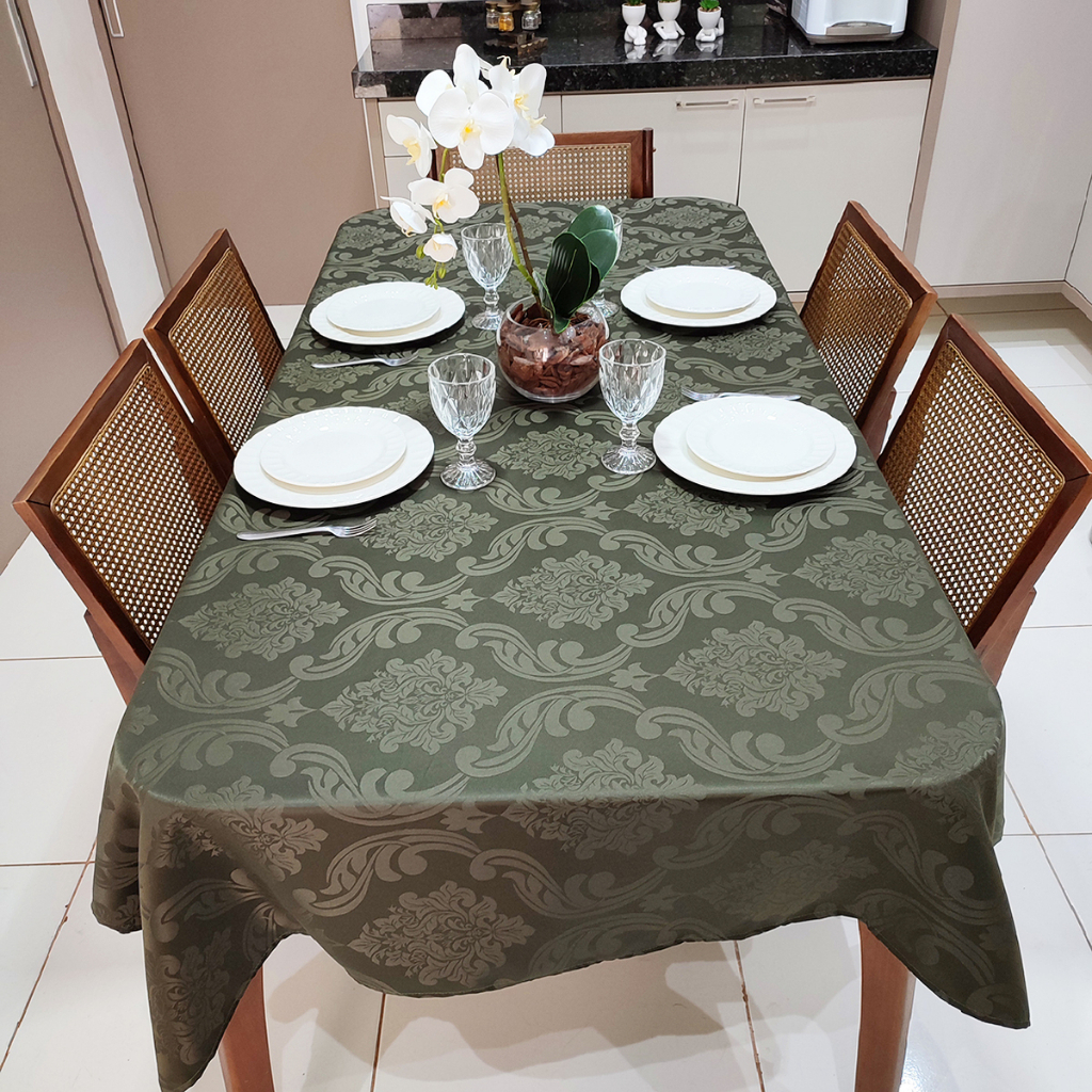 Toalha de Mesa Jacquard Retangular 6 Lugares 2,00m x 1,35m Sala/Jantar Decoração Verde Musgo