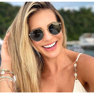 Óculos de Sol Feminino Round Dourado e Preto lentes de cristal com acessórios