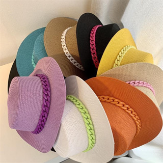 Chapéu Paris Feminino Colorido Palha Sintética Com Corrente Moda Praia Verão Aba Média