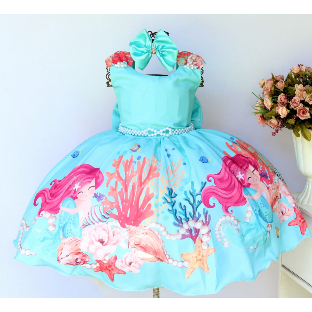 Vestido de Festa Infantil Fundo do Mar, Pequena sereia Ariel Com tiara Super Luxinho