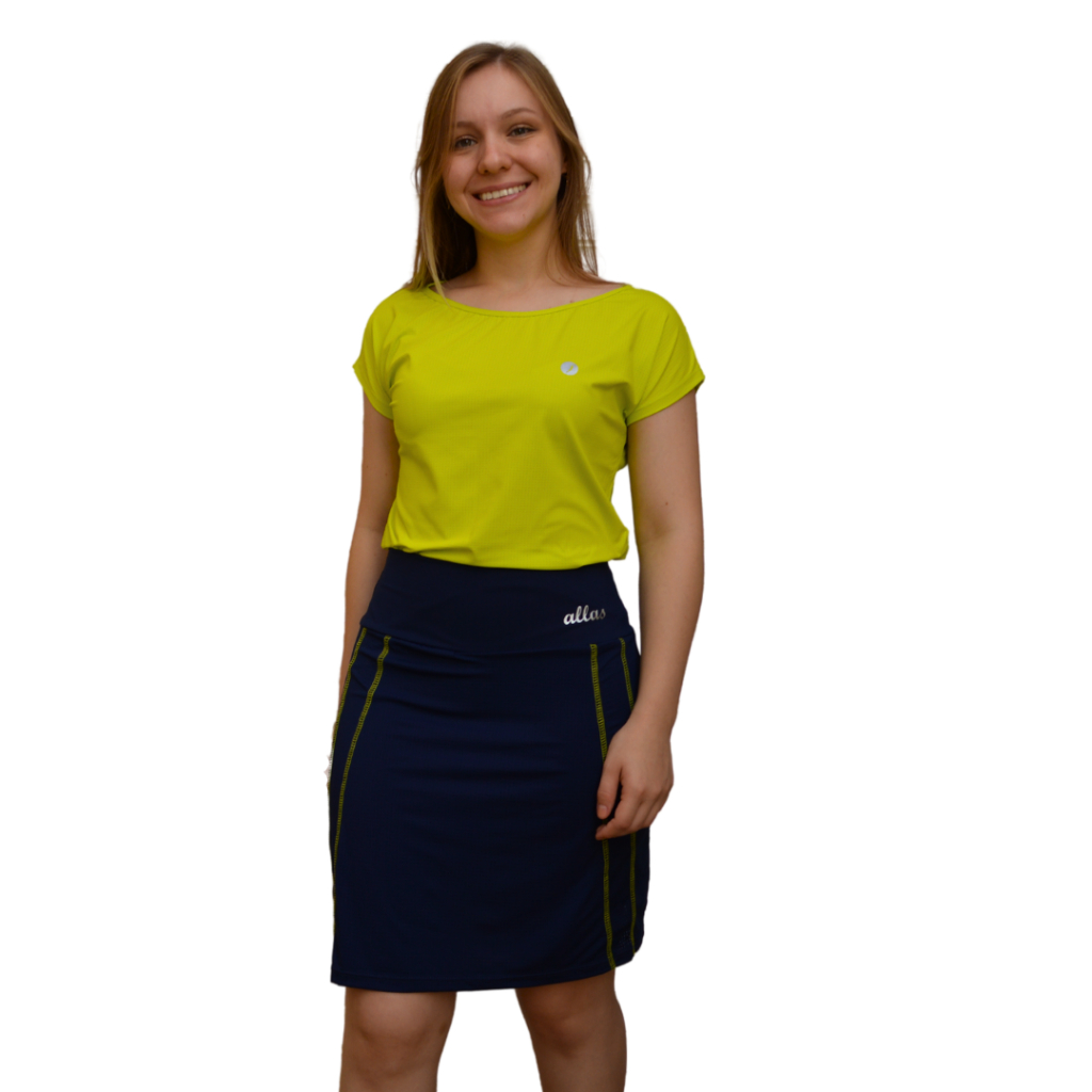 Conjunto de Short Saia com bolso Blusa Dryfit Moda Evangélica Fitness Poliamida UV50+ Academia Caminhada Allas