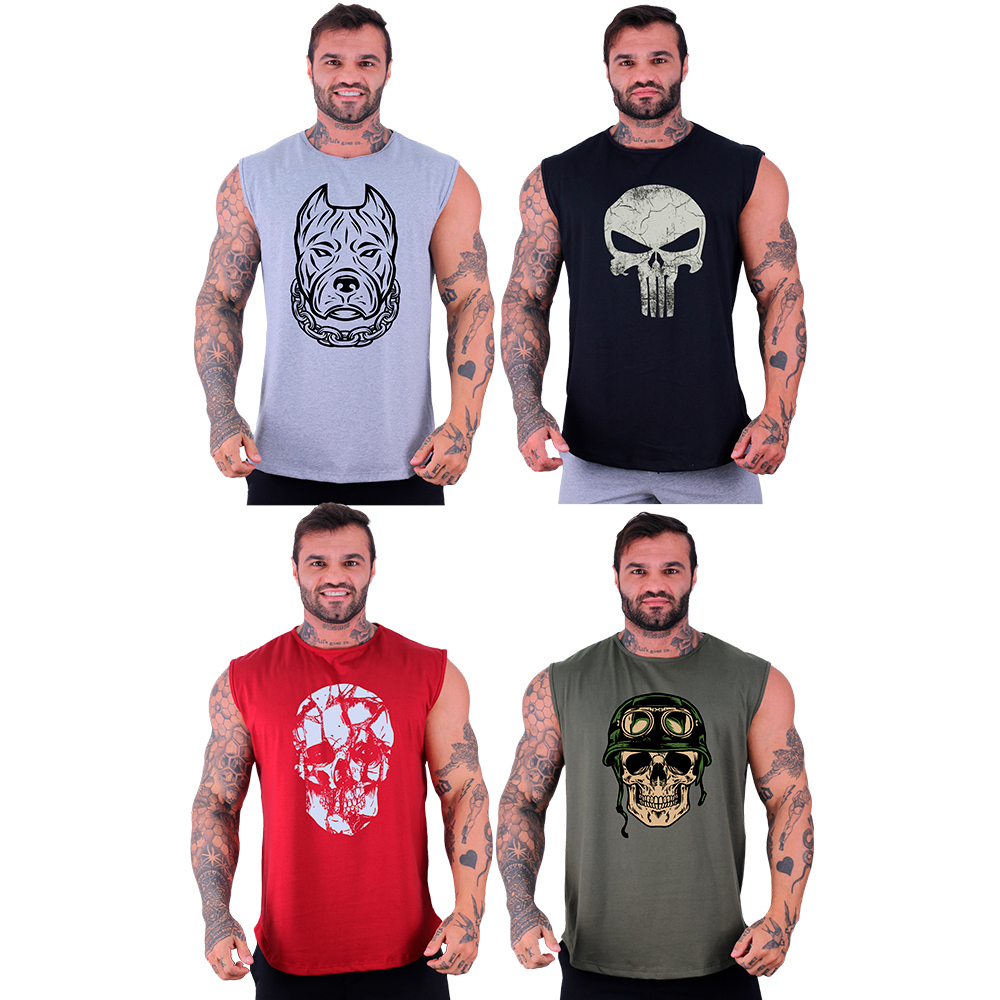 Kit 4 Unidades Regata Machão Longline MXD Conceito Com Estampas Treino Motivação Academia