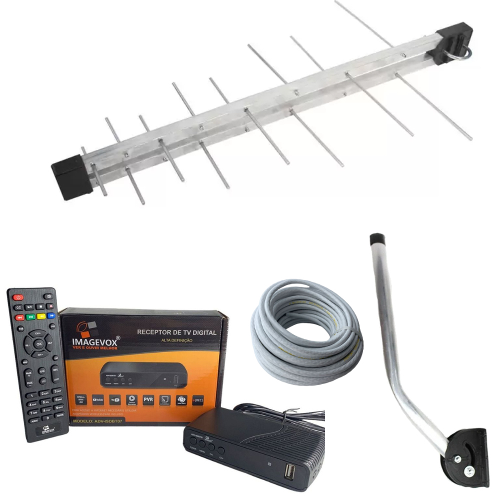 Kit Conversor Digital HD e Antena Externa de UHF E kit cabo