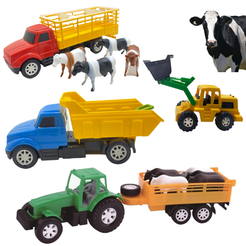 Kit De Brinquedos Fazendinha P/criança Caminhão Trator Bois Carrinho Trator Caçamba