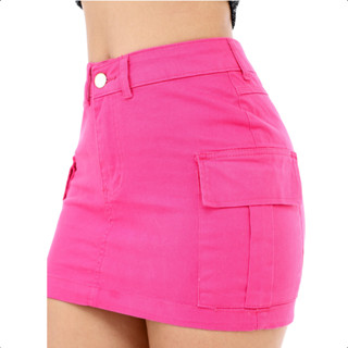 Saia Cargo Rosa Feminina Cintura Alta Modela Bumbum Com Lycra Levanta Bumbum Tendência Moda Verão