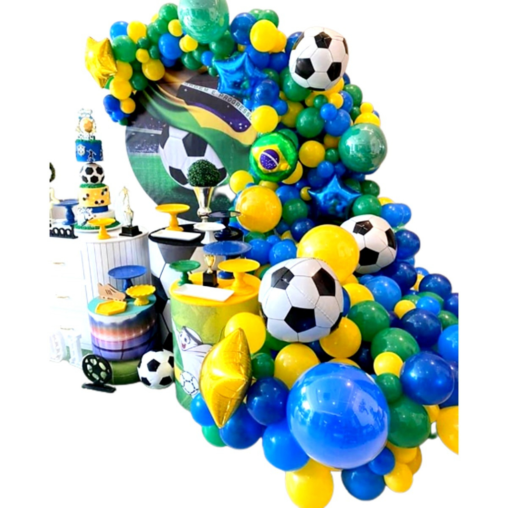 Kit Arco Balão Amarelo + Azul Escuro + Verde + Bola Copa Futebol em Oferta na Shopee