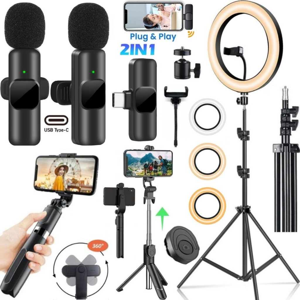 Kit Gravação Ring Lihgt Tripé Bastão Microfone Duplo Sem Fio Filmagem No Celular em Oferta na Shopee