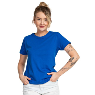 Camiseta Feminina 100% Algodão Premium, Azul Royal, Universo Básico em Oferta na Shopee