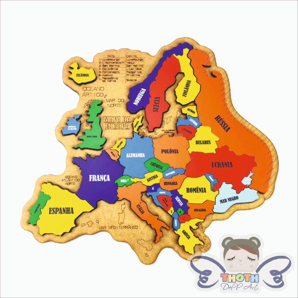 Quebra-Cabeça Mapa da Europa Brinquedo Educativo,  Países e capitais em MDF. em Oferta na Shopee