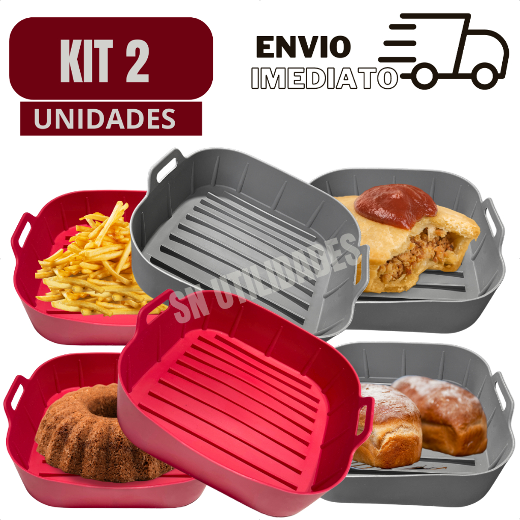Kit 2 Forma de Silicone Air Fryer 16cm Quadrado Lavável Antiaderente Cesto Protetor Fritadeira Reutilizável Bandeja com Alça