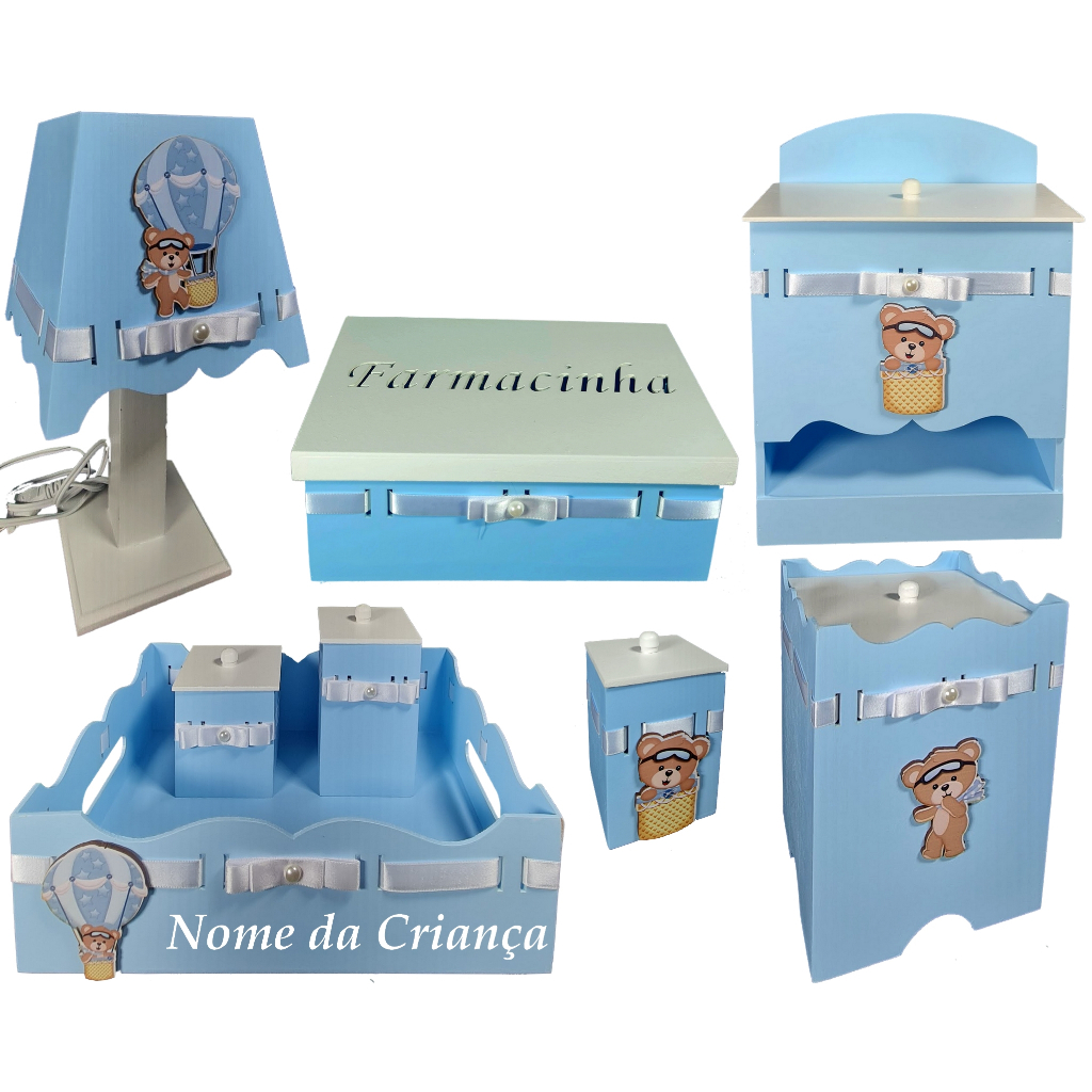 Kit higiene de bebe mdf menino ursinho balao baloeiro azul e branco