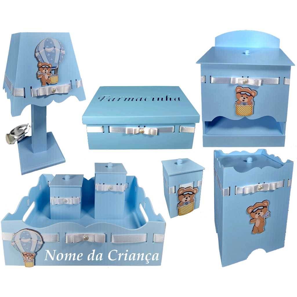Kit higiene de bebe mdf menino ursinho balao baloeiro azul bb