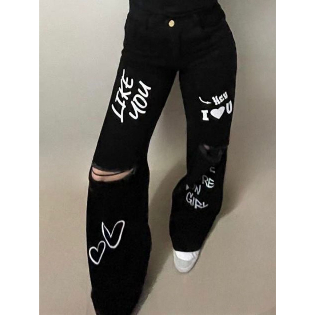 Calça Wide Leg Jeans Preta Feminina Com Rasgos e letras