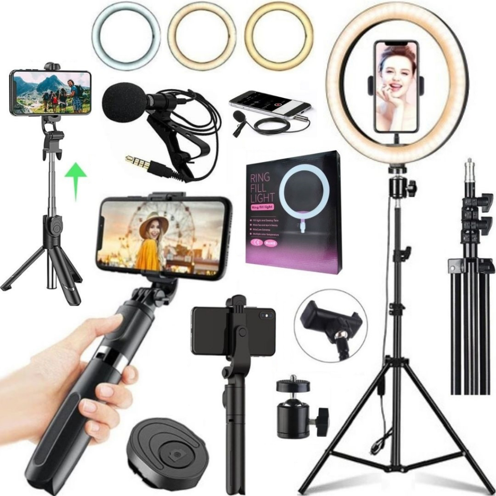 Kit Ring Light Led Tripé 2m Microfone Bastão Controle Gravação Celular Blog Youtuber Tiktok