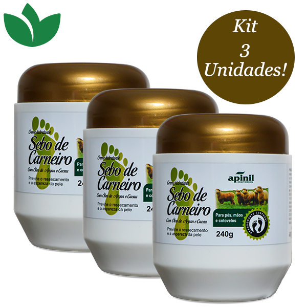 Kit 3 Unidades Creme Hid Sebo de Carneiro com Óleo de Argan e Cacau 240g Apinil
