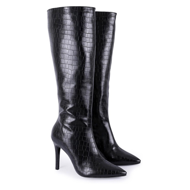 Bota Feminina Salto Fino 10cm Cano Alto Croco Forrada Com Zíper Total Luxo