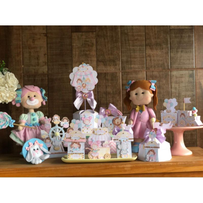 Kit personalizado infantil para mesa e lembrancinhas Circo Rosa aquare