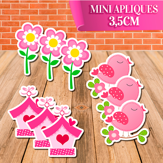 50 Minis Apliques 3,5cm Jardim encantado Passarinho