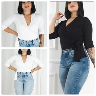 Blusa feminina transpassada cropped Plus size decote V amarrar manga 3/4 Laís