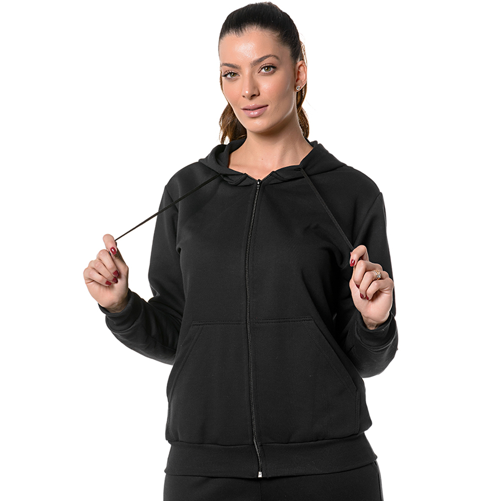 Blusa Moletom Feminino com Ziper Flanelado Casaco De Frio com Capuz e Bolso Promoção