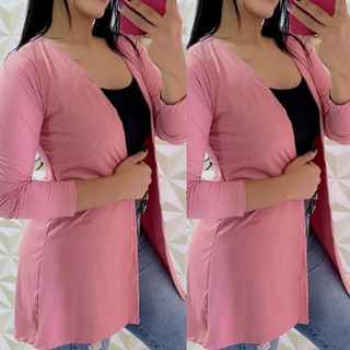 Cardigã Feminino Manga Longa Malha Canelada