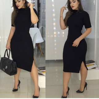 Vestido Midi Gola Alta com Fendas Malha Canelada Manga 3/4