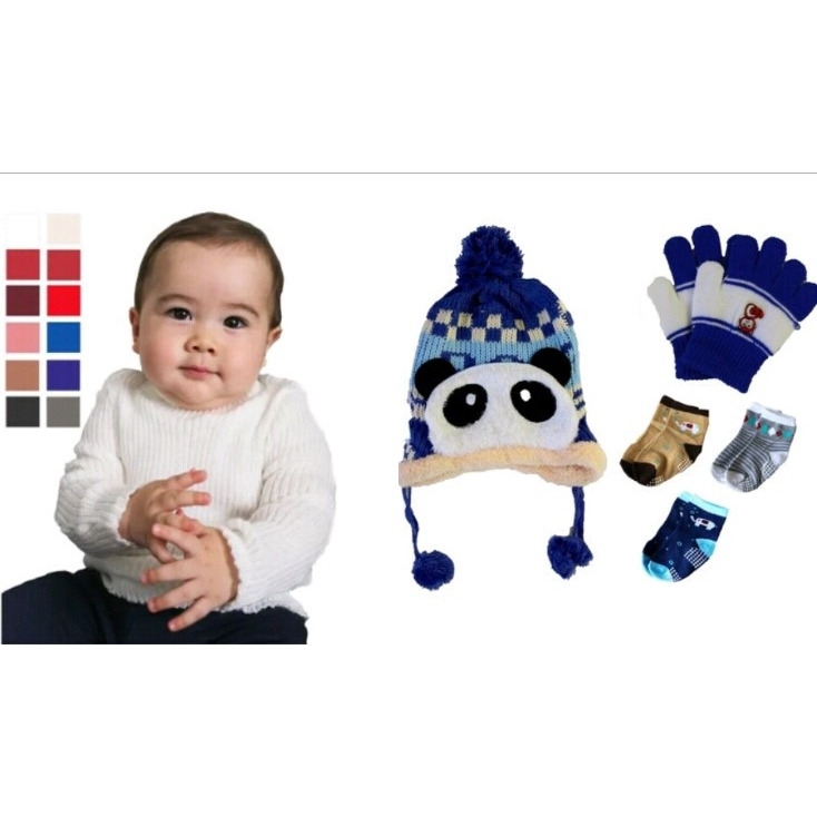 Kit Combo Cacharrel Blusa De Lã Canelada Inverno Bebê Infantil Unissex Básica + Kit Touca Gorro + Luva + 3 Pares Meias