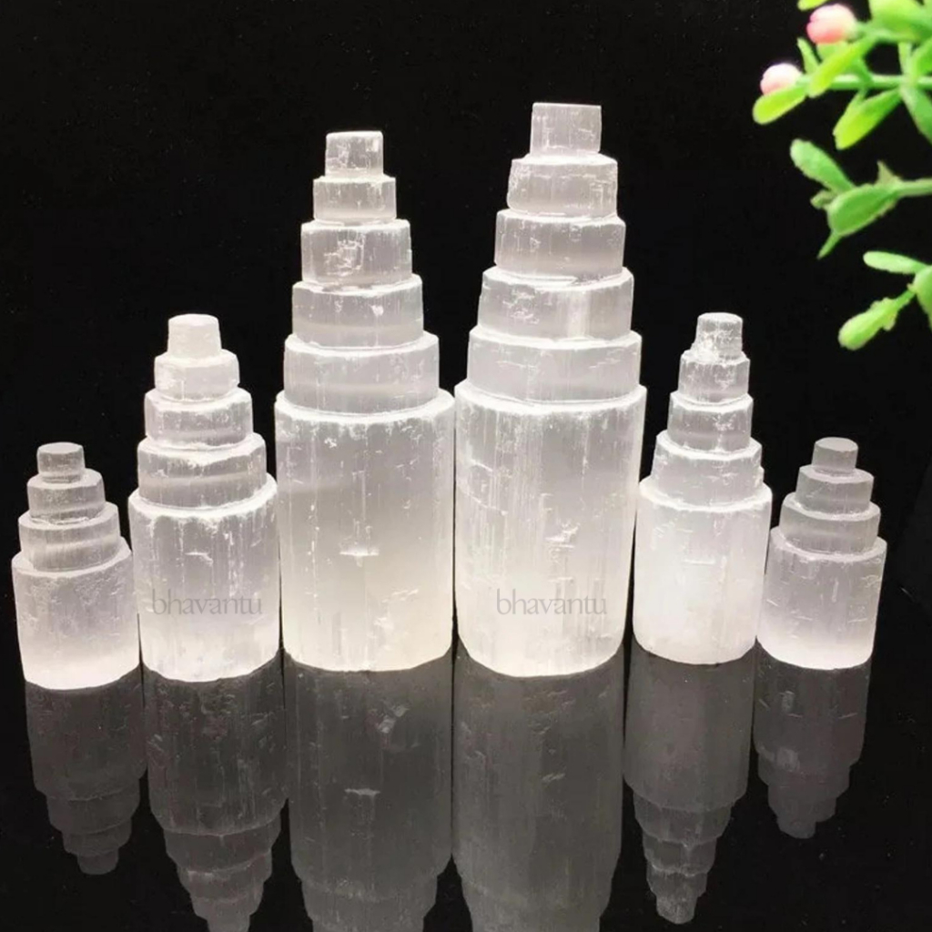 Selenita Branca Torre de Pedra Natural Bruta Limpeza e Proteção