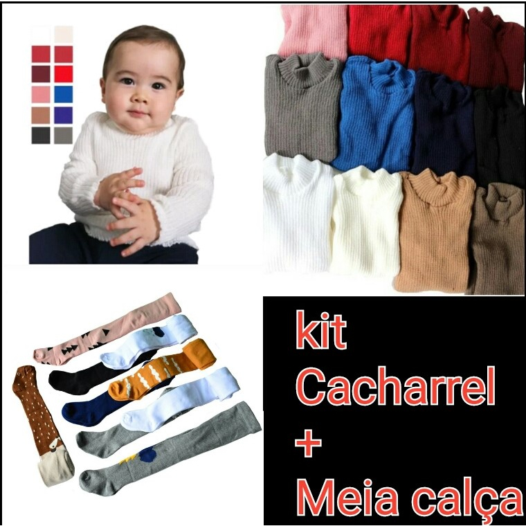 kit 1 cacharrel de lã infantil juvenil blusa basiquinha + 1 Meia Calça Inverno Menino com Pé Quentinha Confortável