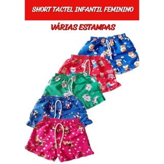 Kit 3 Shorts Infantil Feminino de Tecido Tactel Soltinho Estampado e Liso