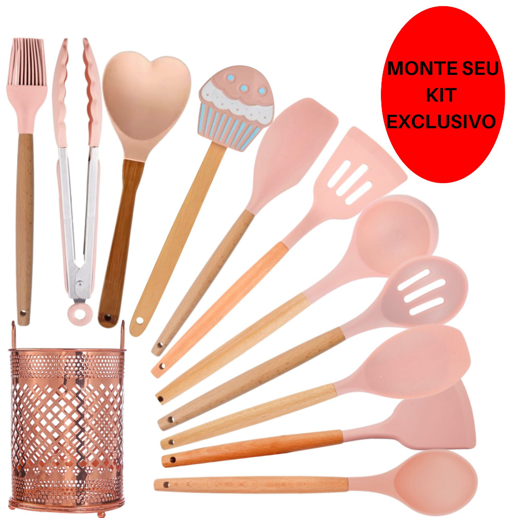Utensílios de Cozinha Monte Seu Kit Conjunto Silicone Antiaderente Cabo Madeira Multifuncional 32cm Rosa Nude