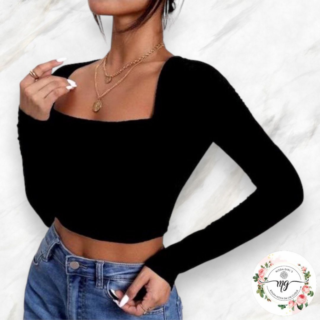 Blusa Feminina Cropped Feminino Manga Longa Canelado De Frio Inverno Básica Decote Quadrado