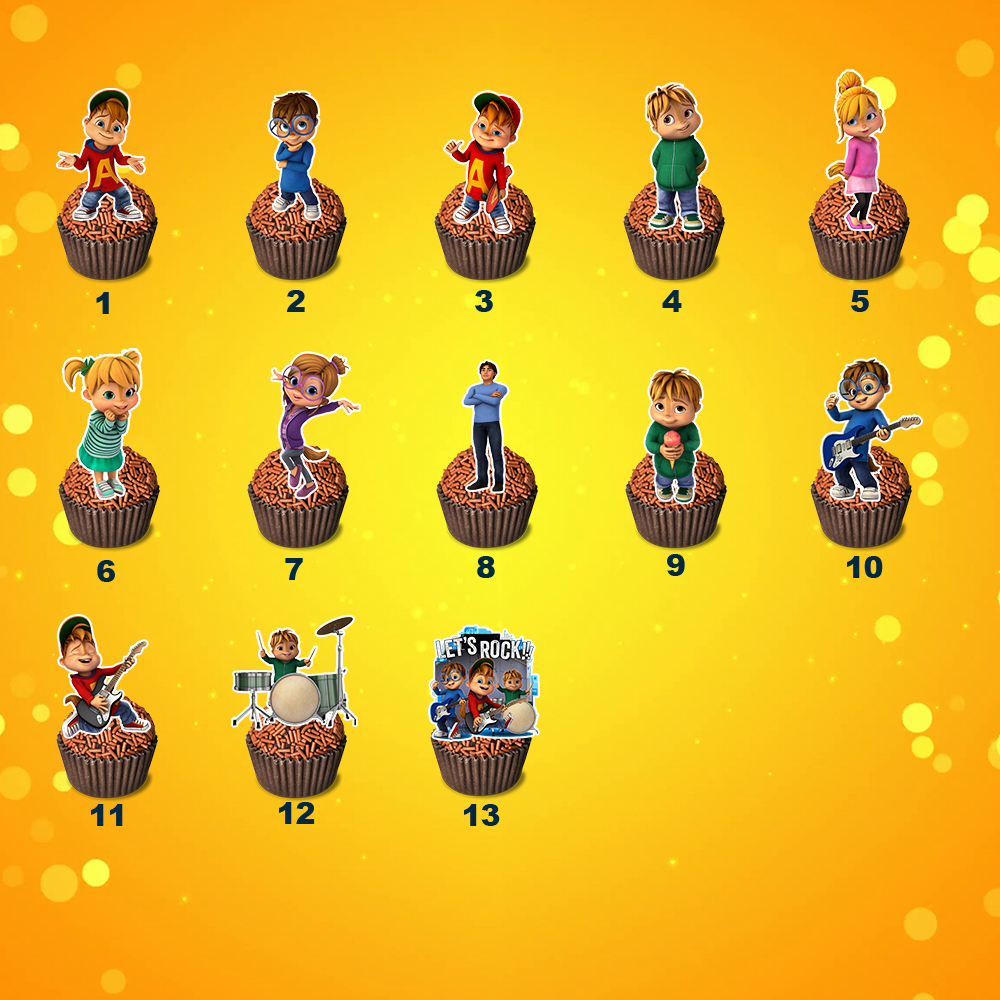 50 Tags, Topper, Apliques com Hastes Acrílica para Docinhos - Alvin e os Esquilos